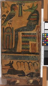 Anubis en de ziel van de overledene, van een sarcofaag door Egyptian 26th Dynasty