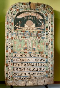 De godin Udjarenes aanbidt de zon, links de god Ra-Horakhty, rechts de god Aton, beschilderd hout. Egyptische beschaving, Late Periode, Dynastie XXVI