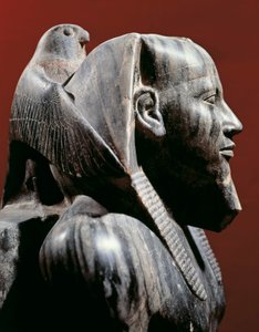 Egyptische beschaving, Oude Koninkrijk, Dynastie IV. Dioriet standbeeld van farao Khafre (Chephren). Uit Giza door Egyptian 4th Dynasty