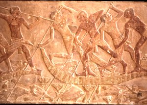 Mannen die vissen spiesen vanuit een papyrusboot, Ptah-Hotep Tombe, 5e Dynastie door Egyptian 5th Dynasty
