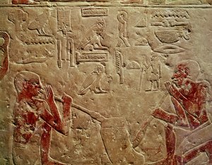 Reliëf dat glasblazers uitbeeldt, uit de Mastaba van Kaemrehu, Saqqara, Oude Rijk, ca. 2325 v.Chr.
