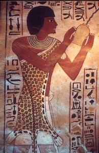 Oud-Egypte, graf van Sennufer, Thebe, Luxor, muurschildering, fresco, muurschildering, zoon van Sennufer die het begrafenisfeest voorzit, gekleed in luipaardhuid