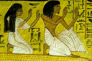Oud Egypte, Muurschildering, Sennedjem en zijn vrouw knielend voor de Goden, Graf van Sennedjem, Thebe, Deir el Medina door Egyptian Egyptian