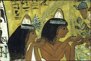 Oud Egypte, Muurschildering, Sennedjem en vrouw aanbidden Isis in de Persea-boom, Graf van Sennedjem, Thebe, Deir el Medina