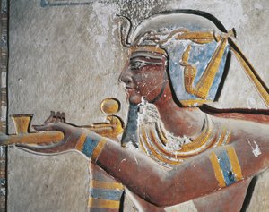 Egypte, Oud Thebe, Vallei der Koningen, Geschilderd reliëf van farao in het graf van Ramses VI