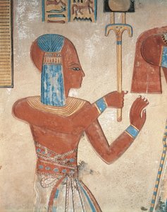 Egypte, Oud Thebe, Vallei der Koninginnen, geschilderd reliëf van dode prins in het graf van Amonherkhopeshef