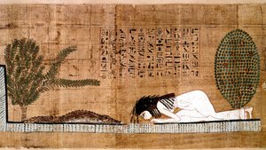 Egyptische antiquiteit: een overleden vertegenwoordiger die de krokodil aanbidt, symbool van vruchtbaarheid. Papyrus uit een Dodenboek. Caïro, Egyptisch Museum - Oude Egypte: een overledene die de krokodil aanbidt, symbool van vruchtbaarheid. Papyrus van h