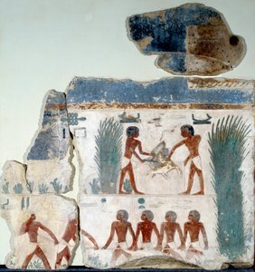 Egyptische oudheid: begin van de zomer. Vogels worden gedood door twee boeren. Detail van een beschilderde kalkstenen fresco uit de zonnetempel van Abu Gurob. Berlijn, Egyptisch Museum door Egyptian Egyptian