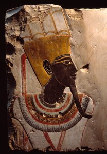 Egyptische oudheid: detail van een schilderij op kalksteen dat de vruchtbaarheidsgod Amon Min (Amon-Min) afbeeldt. Luxor, Egyptisch Kunstmuseum door Egyptian Egyptian