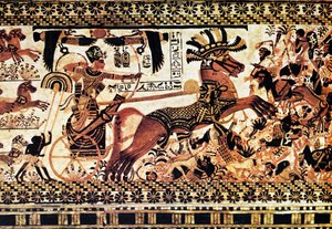 Egyptische grafmuurschildering die een gevechtsscène uitbeeldt door Egyptian Egyptian