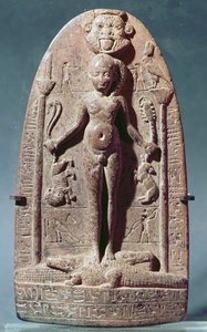 Cippus die Horus als kind afbeeldt staand op krokodillen (roze graniet)