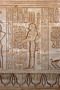 Egyptische oudheid: voorstelling van een jonge vrouw die offers brengt als eerbetoon aan de godin, Tempel van Hathor, Denderah, Egypte door Egyptian Ptolemaic Period