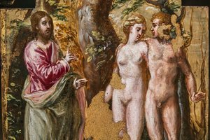 Draagbaar altaar achterkant: Adam en Eva tegenover de Eeuwige Vader (detail)