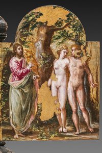 Draagbaar altaar achterkant: Adam en Eva tegenover de Eeuwige Vader (detail) door El Greco