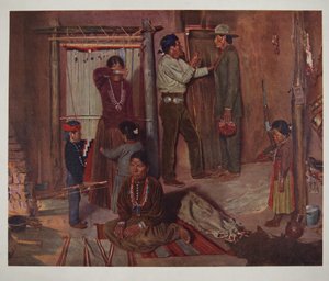 Vertrek van huis naar de Carlisle Indian School (chromolitho)