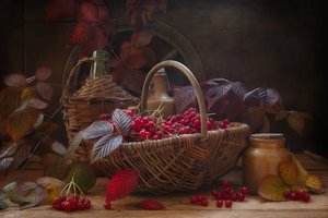 Stilleven met scharlakenrode herfsttakken en bessen van de viburnum in vintage-stijl. door Eleonora Grigorjeva