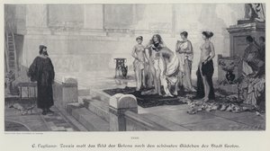 Oude Griekse kunstenaar Zeuxis kiest uit de mooiste vrouwen van de stad Crotone het model voor zijn schilderij van Helena van Troje (gravure)