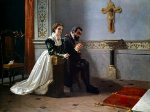 Bianca Cappello en Francesco I de Medici bidden voor een crucifix (olieverf op doek) door Eleuterio Pagliano