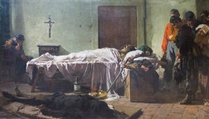 Het lichaam van Luciano Manara bezocht door soldaten