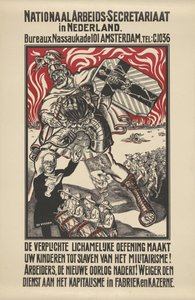 Affiche tegen militarisme uitgegeven door het Nationale Arbeiders Secretariaat in Nederland door Elias Smalhout