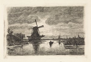 Landschap met twee molens en een roeiboot door Elias Stark