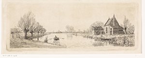 Rivierlandschap met een houten woning