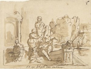 Allegorie met musicerende figuren in een tuin