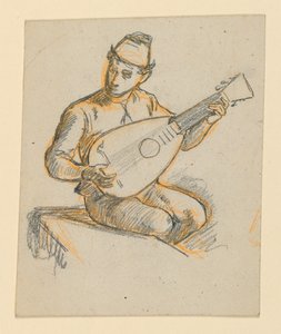 Zittende jongen die een luit speelt door Elihu Vedder
