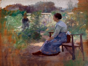Vrouw zittend in een tuin door Eliphalet Fraser Andrews