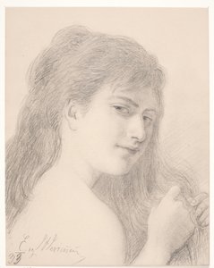Borstbeeld van een vrouw die haar haar vlecht
