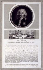 Calonne, controleur-generaal van financiën in 1787, portret gegraveerd door Charles Levachez, met een scène van de vergadering van de notabelen door Jean Duplessis-Bertaux, ca. 1803