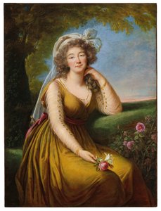 Portret van Madame du Barry (1743-1793), driekwart, zittend in een landschap, ca.1775-93 (olieverf op doek) door Elisabeth Louise Vigee Lebrun
