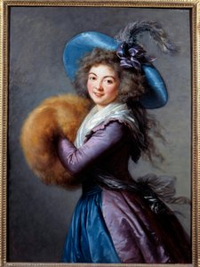 Portret van Madame Mole Reymond (1759-1833), actrice van de Italiaanse Comedie Ze draagt een hoed met veren en draagt een mouw. door Elisabeth Louise Vigee Lebrun