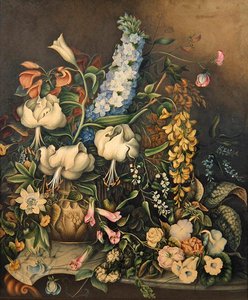 Bloemen in een Vaas op een marmeren console tafel door Eliza F. Daniel