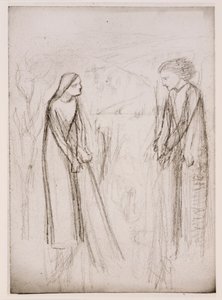 Annunciatie, mogelijk, ca 1970-77 (zwart-wit foto afgedrukt op wit papier) door Elizabeth Eleanor (1834 62) (after) Siddal