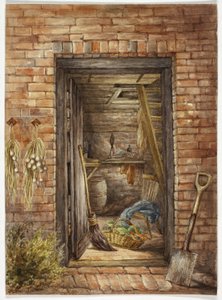 Bakstenen muur met open deur en schop door Elizabeth Murray