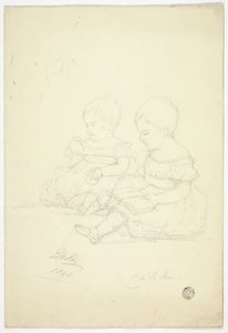 Twee zittende babymeisjes (recto), een stilleven, en twee dieren (verso)