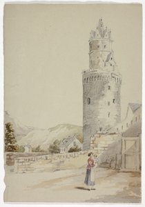 Vrouw en kind voor ommuurde stad met toren