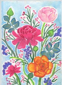 Boeket van ranonkels, 2018 (oliepastel) door Elizabeth Rider