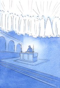 Allen die oprecht bidden tijdens het Heilig Offer van de Mis, bidden door Christus en met de Heiligen van de Hemel. door Elizabeth Wang