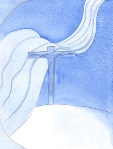 Terwijl Christus Zijn Bloed uitstort in een Nieuw Verbond, waait een grote kwaadaardige wind over het Kruis, dreigend en vernietigend door Elizabeth Wang