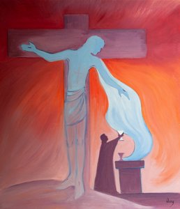 Bij de Mis geeft Christus zijn Heilig Lichaam en Bloed als onze geestelijke spijs en drank door Elizabeth Wang