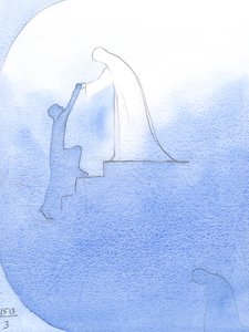 Biddend om hulp voor een overleden ziel, zag ik Onze Lieve Vrouw haar handen uitstrekken, leunend over de 