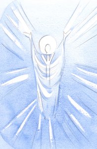 Christus, Verrezen en Glorieus, is Werkelijk Aanwezig in het Heilig Sacrament. Gekleed als priester bidt Hij tot de Vader voor ons door Elizabeth Wang