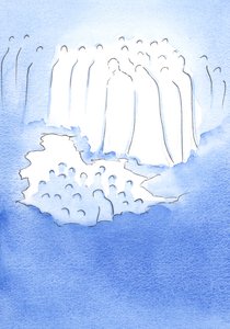 Christus en zijn heiligen in de hemel kijken met grote tederheid neer op zijn vrienden op aarde die mediteren over zijn lijden door Elizabeth Wang