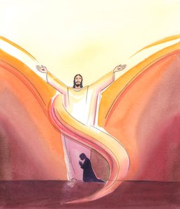 Christus is Echt Aanwezig in het tabernakel, voortdurend biddend voor ons, Zijn armen uitgestrekt in gebed naar de Vader boven, Die Christus ziet wonen in de glorie die wij nog niet kunnen zien door Elizabeth Wang