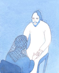 Christus is werkelijk aanwezig bij ons in het Heilig Sacrament. We zijn net zo dicht bij Hem in het Heilig Avondmaal als Zijn vrienden waren toen ze naast Hem zaten in Galilea, 2005 (aquarel op papier) door Elizabeth Wang