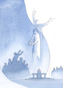 Christus is werkelijk één met ons, door Zijn vlees en bloed, en ook één met de Vader (tot wie Hij ons trekt) vanwege Zijn goddelijkheid. door Elizabeth Wang