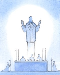 Christus onze verrezen Heer was Aanwezig boven het altaar, alsof Hij uit het graf opstond, Zijn handen opgeheven naar de Vader, bemiddelend voor ons die in Hem geloven, onze Hogepriester door Elizabeth Wang