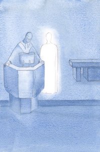 Christus stond naast de priester die het Heilig Evangelie aan ons allen voorlas, wat Christus